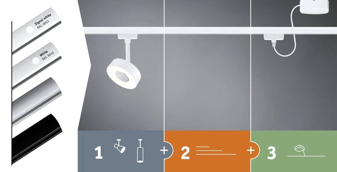 'Drei LED-Leuchten-Modelle in Silber, Weiß und Schwarz. Montageanleitung: 1. Bohren, 2. Kabel verlegen, 3. Leuchte anbringen.'