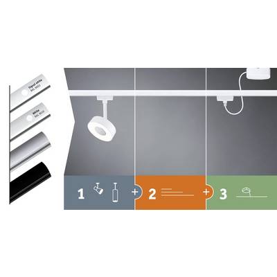 'Drei LED-Leuchten-Modelle in Silber, Weiß und Schwarz. Montageanleitung: 1. Bohren, 2. Kabel verlegen, 3. Leuchte anbringen.'
