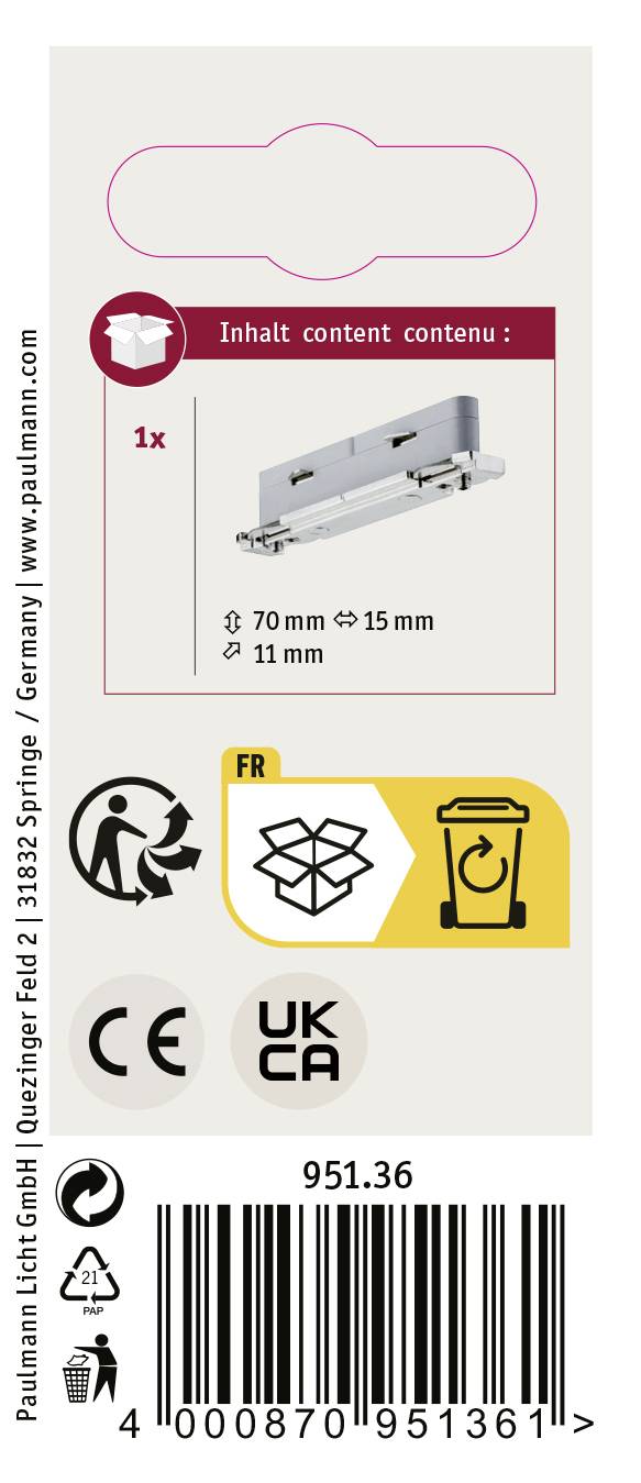 Verpackungsetikett eines Möbelmontagesets. Zeigt Abmessungen der Halterung (70 mm x 15 mm, 11 mm Abstand) und Recyclinghinweise.