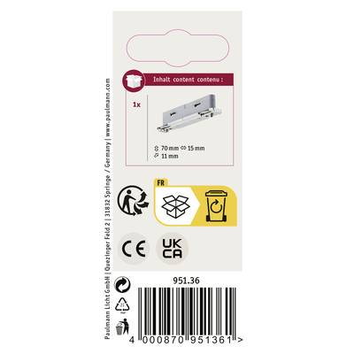 Verpackungsetikett eines Möbelmontagesets. Zeigt Abmessungen der Halterung (70 mm x 15 mm, 11 mm Abstand) und Recyclinghinweise.