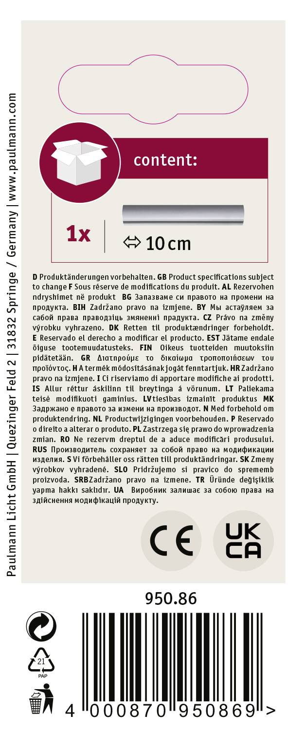 Verpackungsetikett mit Produktinformationen in mehreren Sprachen. Enthält Text zur Größe des Inhalts (10 cm), Herstellerlogo und Barcodes.