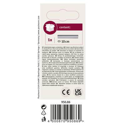 Verpackungsetikett mit Produktinformationen in mehreren Sprachen. Enthält Text zur Größe des Inhalts (10 cm), Herstellerlogo und Barcodes.