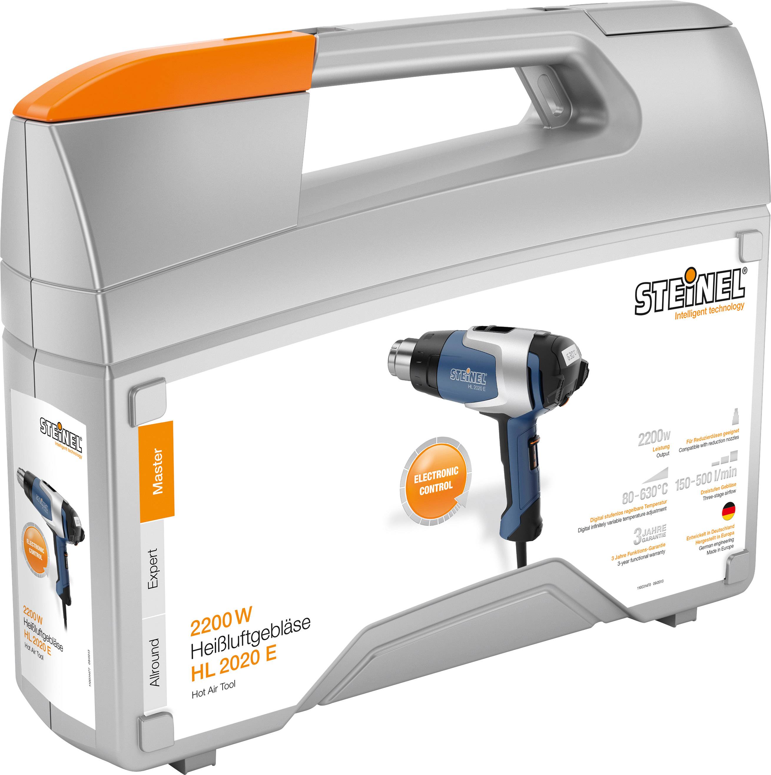 Tragbarer Koffer mit einem Heißluftgebläse 'Steinel HL 2020 E'. Elektronische Steuerung, 2200W Leistung, Temperaturbereich 80-630°C.