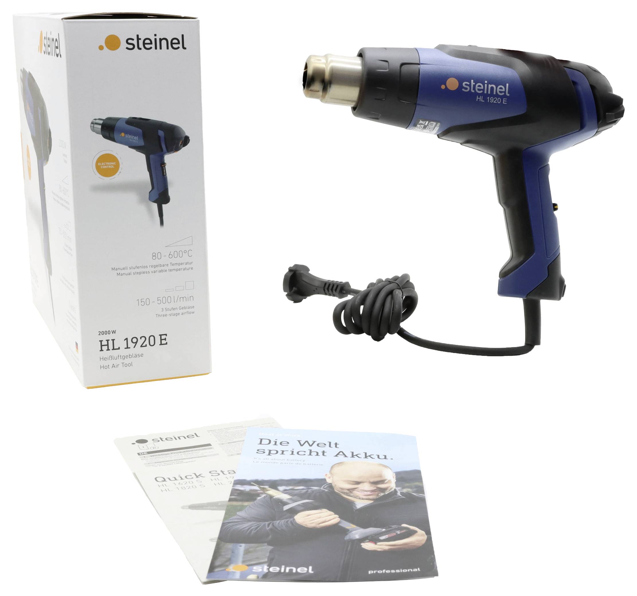 Steinel HL 1920 E Heißluftpistole mit Stromkabel, gezeigt neben ihrer Produktbox und Bedienungsanleitungen.