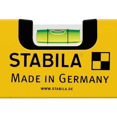 Wasserwaage mit der Aufschrift 'STABILA', 'Made in Germany' und Webseite 'www.stabila.de' auf gelbem Hintergrund.
