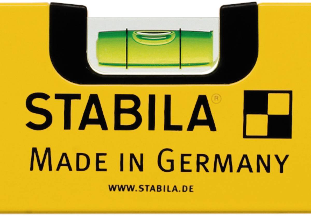 Wasserwaage von Stabila, gelb mit Schriftzug 'Made in Germany' und Logo.