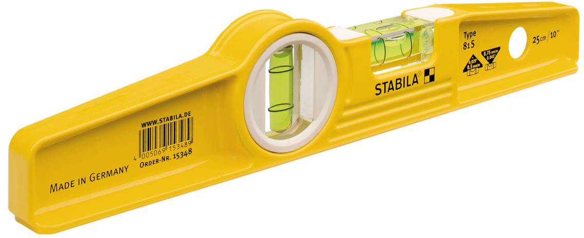 Gelbe Wasserwaage mit zwei Libellen, hergestellt in Deutschland, auf der die Marke 'Stabila' und der Typ '81 S' steht.