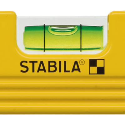 Gelbe Wasserwaage von Stabila mit sichtbarer, zentrierter Libelle.
