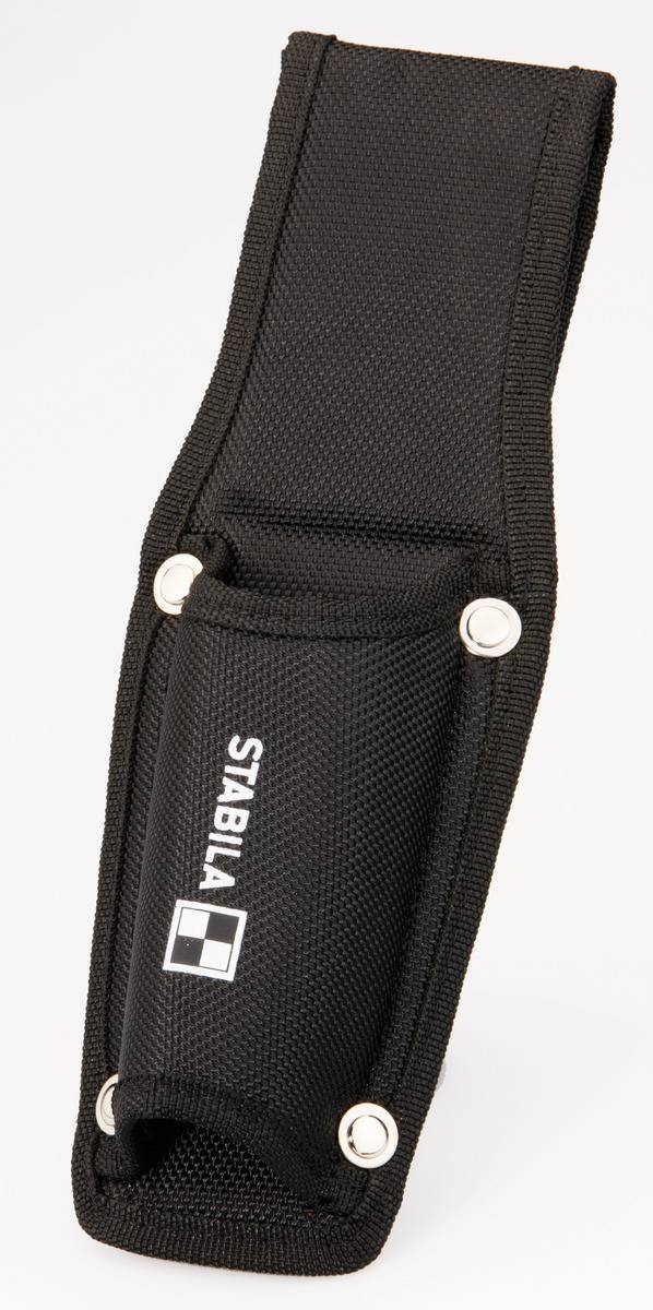 Schwarzes Etui aus strapazierfähigem Material mit Aufschrift 'Stabila' und einer Schlaufe zur Befestigung an einem Gürtel.