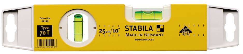 'Wasserwaage 25 cm, Stabila Typ 70 T, Made in Germany' mit gelbem Gehäuse und zwei fest installierten Libellen für horizontale und vertikale Messungen.