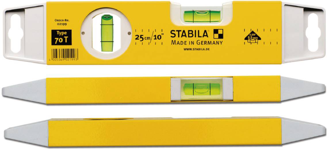 Wasserwaage der Marke Stabila, Typ 70 T, Made in Germany, mit gelber Farbe und integrierter Libelle zur horizontalen Ausrichtung.