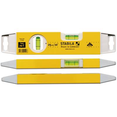 Wasserwaage der Marke Stabila, Typ 70 T, Made in Germany, mit gelber Farbe und integrierter Libelle zur horizontalen Ausrichtung.