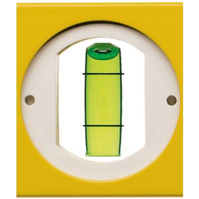 Gelbe Wasserwaage mit grüner Libelle in der Mitte, deren Blase zwischen zwei Markierungslinien ausgerichtet ist.