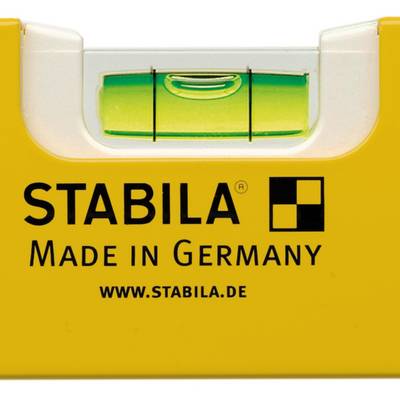 Wasserwaage mit gelbem Gehäuse zeigt die Marke 'Stabila' und die Aufschrift 'Made in Germany' darunter.