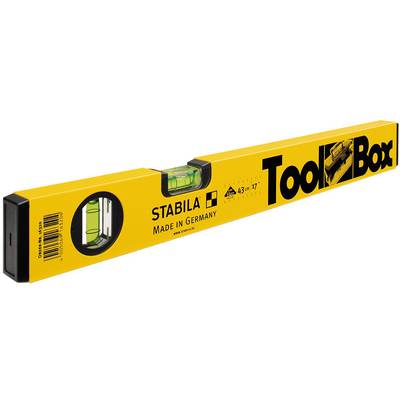 Wasserwaage von Stabila, gelb mit der Aufschrift 'Tool Box', in Deutschland hergestellt. Enthält eine grüne Libelle zur Nivellierung.