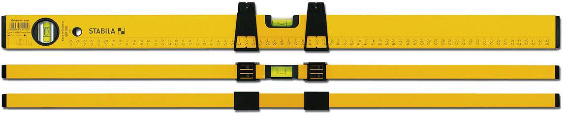 Gelbe Wasserwaage mit Skala und Libellen zur präzisen Nivellierung. Drei Ansichten: Vorderseite, Rückseite und Kopfansicht mit Details.