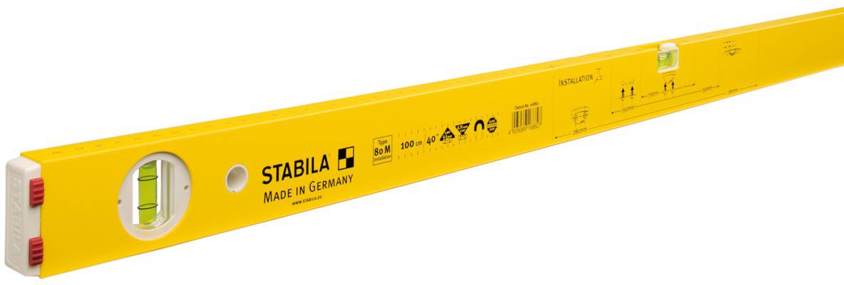 Gelbe Wasserwaage mit stabiler Konstruktion, Markenname 'Stabila' und Herstellungshinweis 'Made in Germany' aufgedruckt.