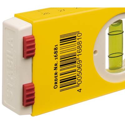 Gelbe Wasserwaage mit zwei roten Knöpfen, zeigt die Produktnummer '16881' und einen Barcode.