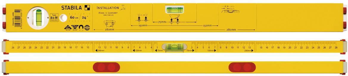Gelbe Wasserwaage mit eingebauten Libellen, die horizontale und vertikale Ebenen anzeigen. Markierungen für präzise Messungen.