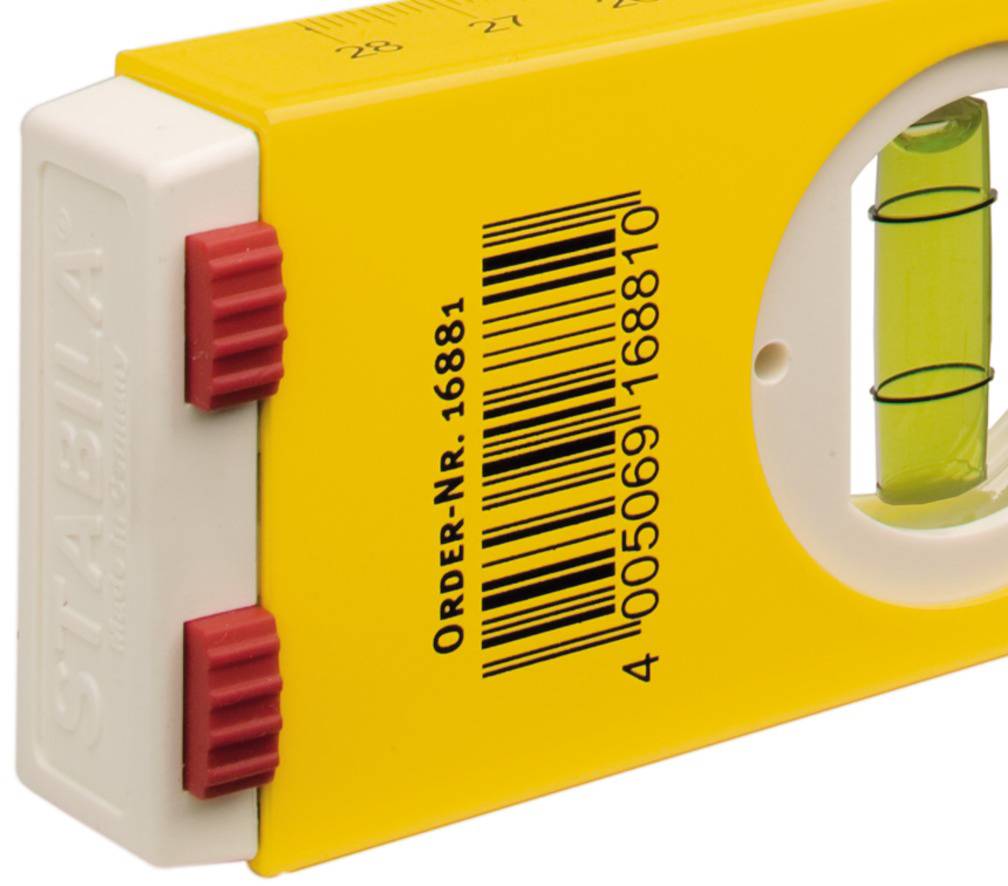 Gelbe Wasserwaage mit eingebauter Libelle und rotem Regler. Barcode und Bestellnummer sind aufgedruckt.