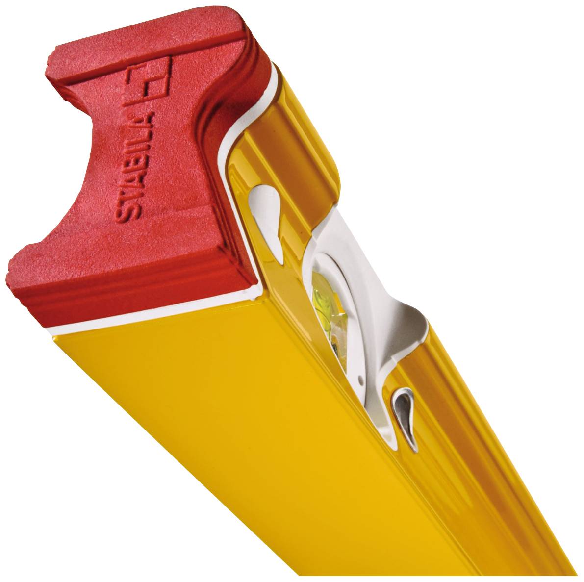 Ein gelbes Wasserwaage-Gerät mit rotem Schutzende und Sichtfenster für die Libelle.