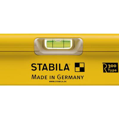 Wasserwaage von Stabila, gelb, mit Libelle in der Mitte. Aufschrift 'Made in Germany', Typ R300.