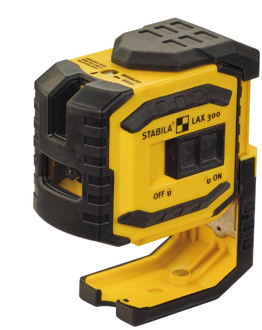 Ein gelbes Lasernivelliergerät mit der Aufschrift 'STABILA LAX 300', das Messungen durchführt. Es hat Ein-/Aus-Schalter.