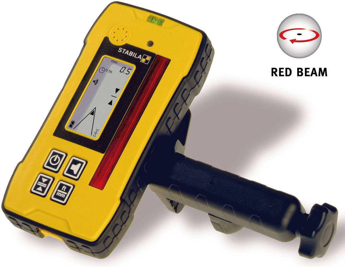 Ein gelbes Lasermessgerät von STABILA mit einem Display und Griff. Rechts daneben das Logo 'RED BEAM'.