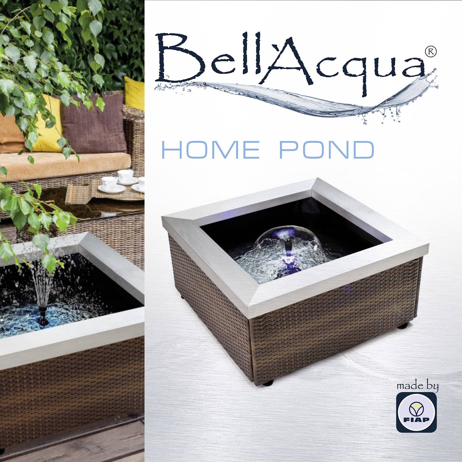 'BellAcqua Home Pond', ein quadratisches, modernes Wasserbecken auf einer Terrasse mit Pflanzen und Sitzgelegenheiten.