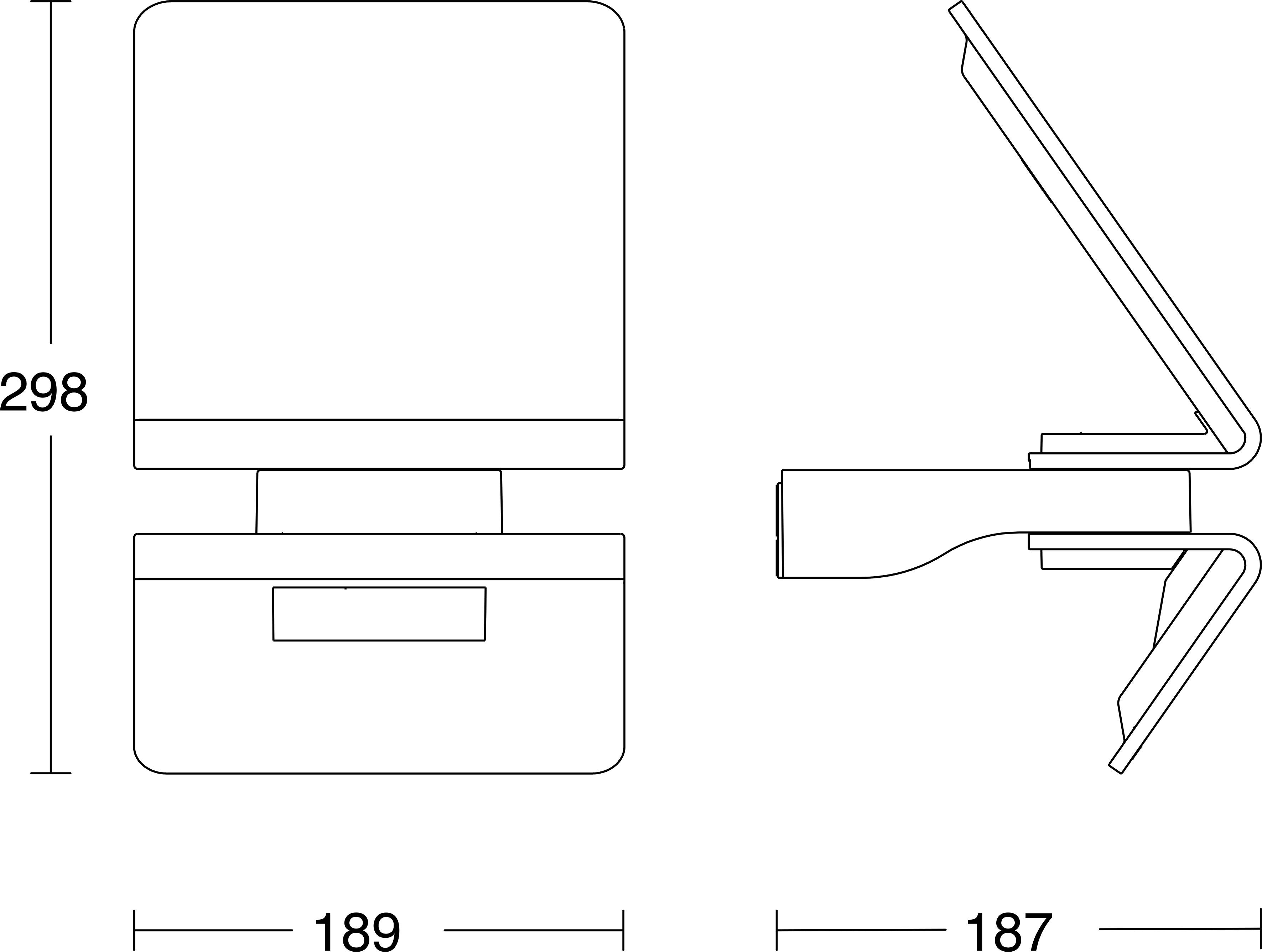 Technische Strichzeichnung eines gelenkigen, rechteckigen Geräts, dargestellt in Vorder- und Seitenansicht mit den Abmessungen 298, 189 und 187.