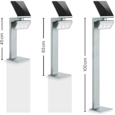 'Drei solarbetriebene Außenleuchten in verschiedenen Höhen: 45 cm, 63 cm und 100 cm. Jedes hat ein Solarpanel oben und LED-Leuchten darunter.'