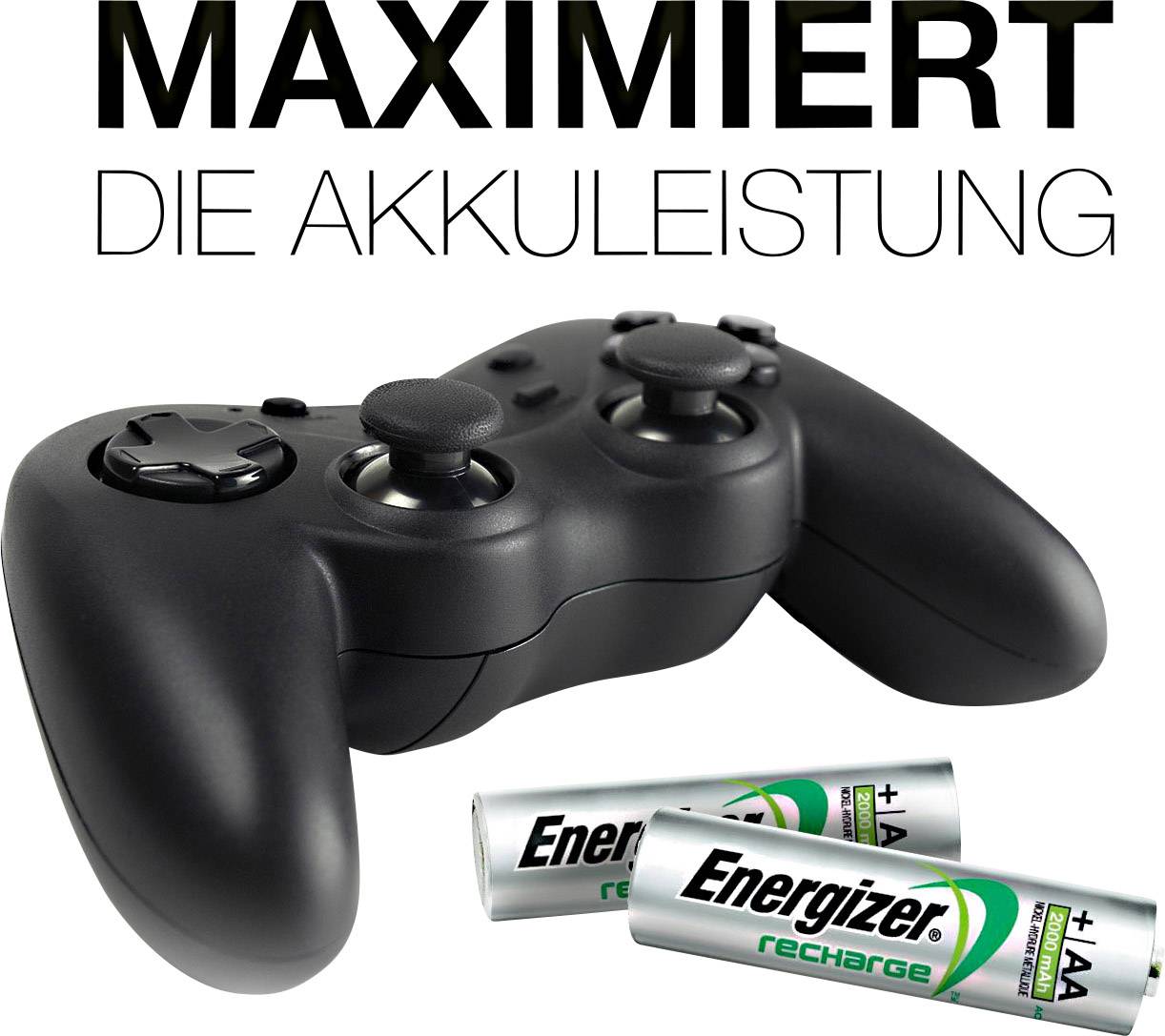 Ein schwarzer Spiele-Controller mit zwei Energizer-AA-Akkus darunter. Text oben: 'MAXIMIERT DIE AKKULEISTUNG'.