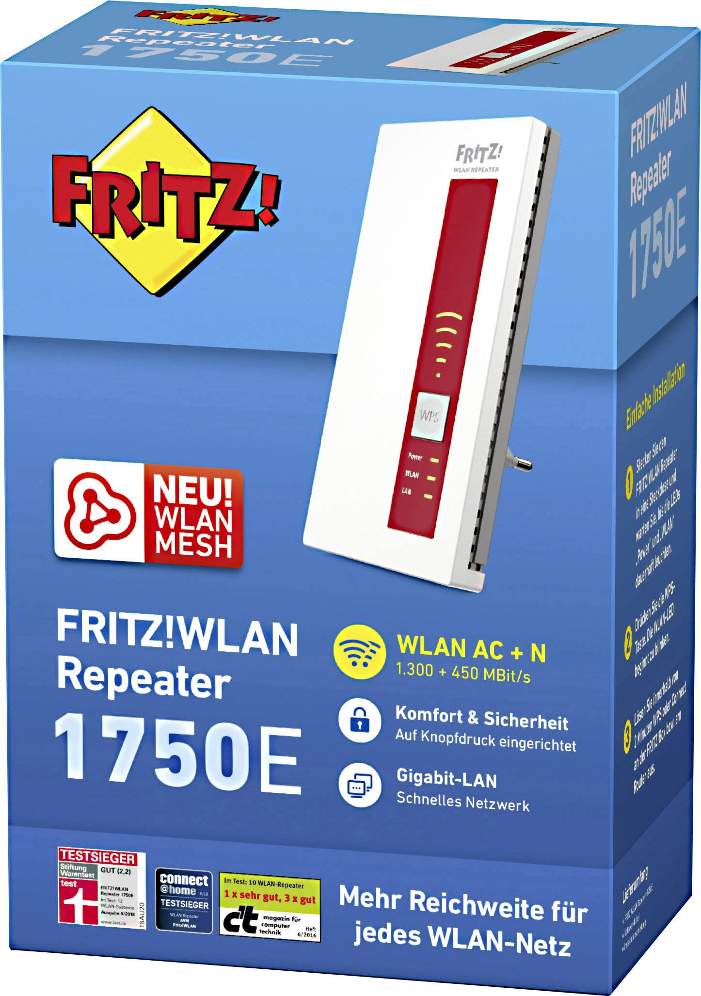 'FRITZ!WLAN Repeater 1750E' Verpackung zeigt Produktbild und wichtige Merkmale wie WLAN AC+N, Gigabit-LAN und einfache Einrichtung.