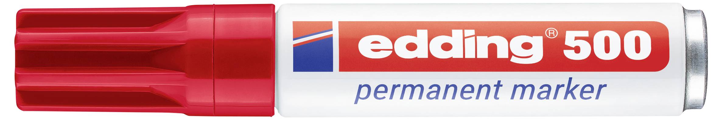 Roter Edding 500 Permanentmarker mit Kappe, horizontal auf weißem Hintergrund dargestellt.
