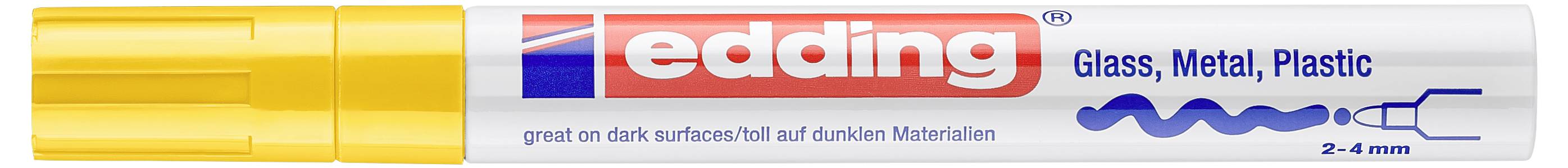 Gelber Edding Lackmarker mit der Bezeichnung Glas, Metall, Kunststoff, mit Spitzengröße 2–4 mm zum Markieren dunkler Oberflächen.