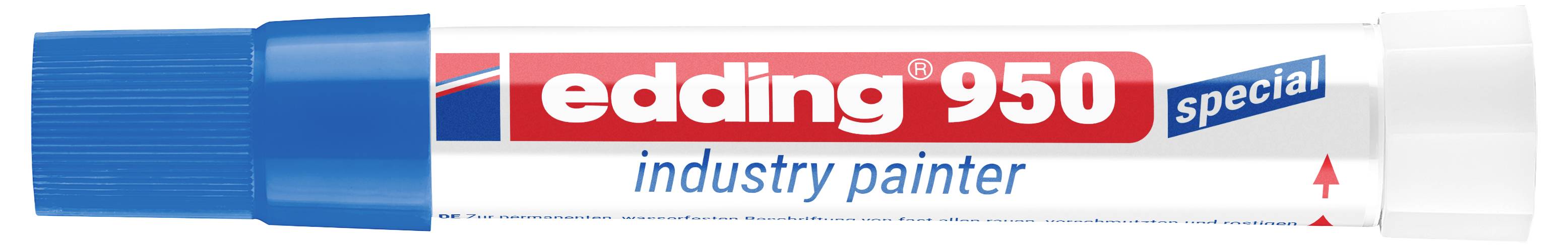 Blau-weißer Edding 950 Spezial-Industriepinselstift mit breiter Meißelspitze und Kappe, beschriftet mit „edding 950" und „industry painter".