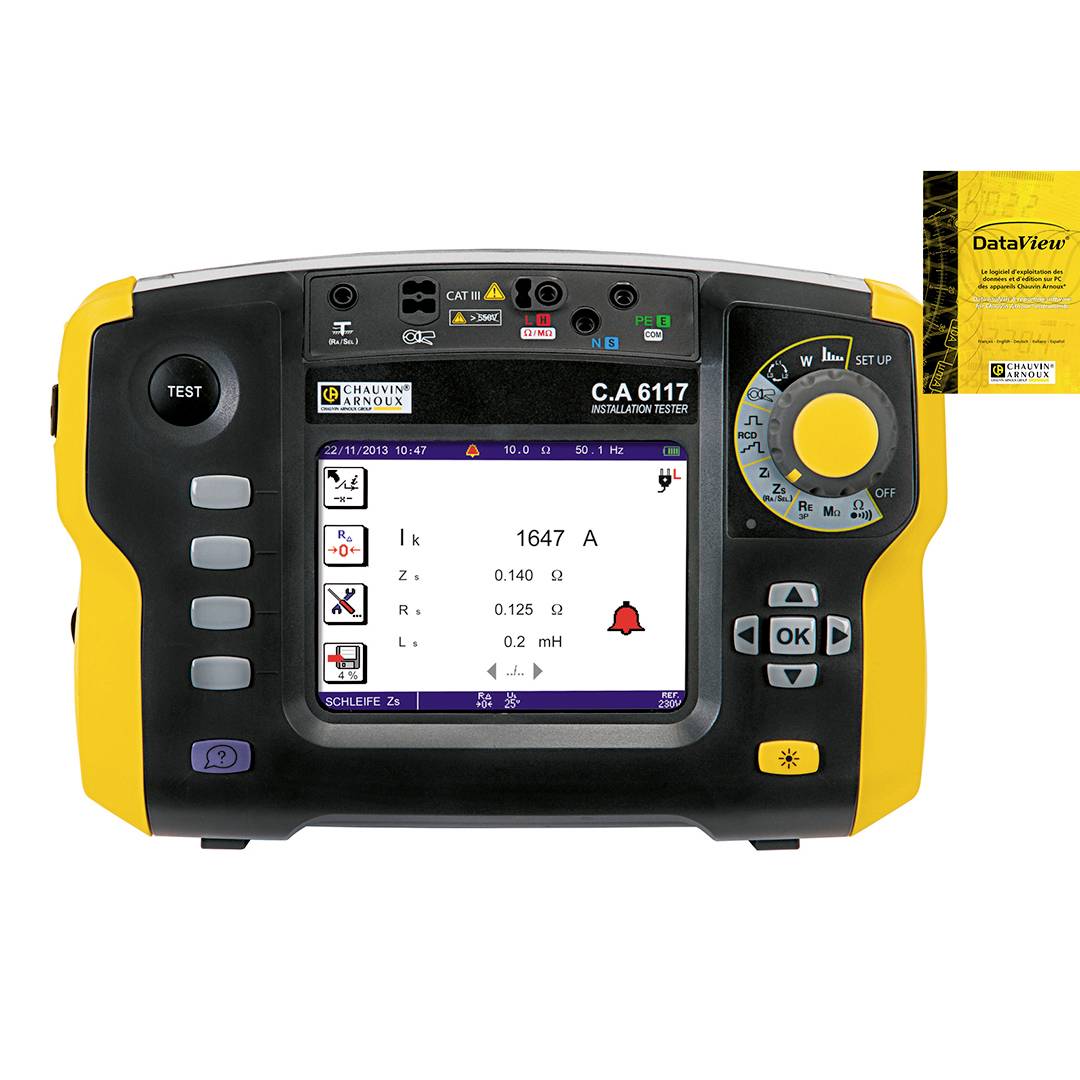 Multifunktionales Messgerät mit Display zeigt elektrische Messwerte und Symbole. Krankenhaus- und Gebäudestandort-Anzeige.