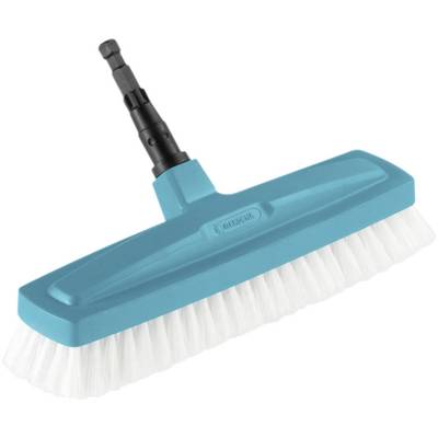 Blaue Bürste mit steifem weißen Borstenbesatz und schwarzem Griffaufsatz. Geeignet für die Reinigung glatter Oberflächen.