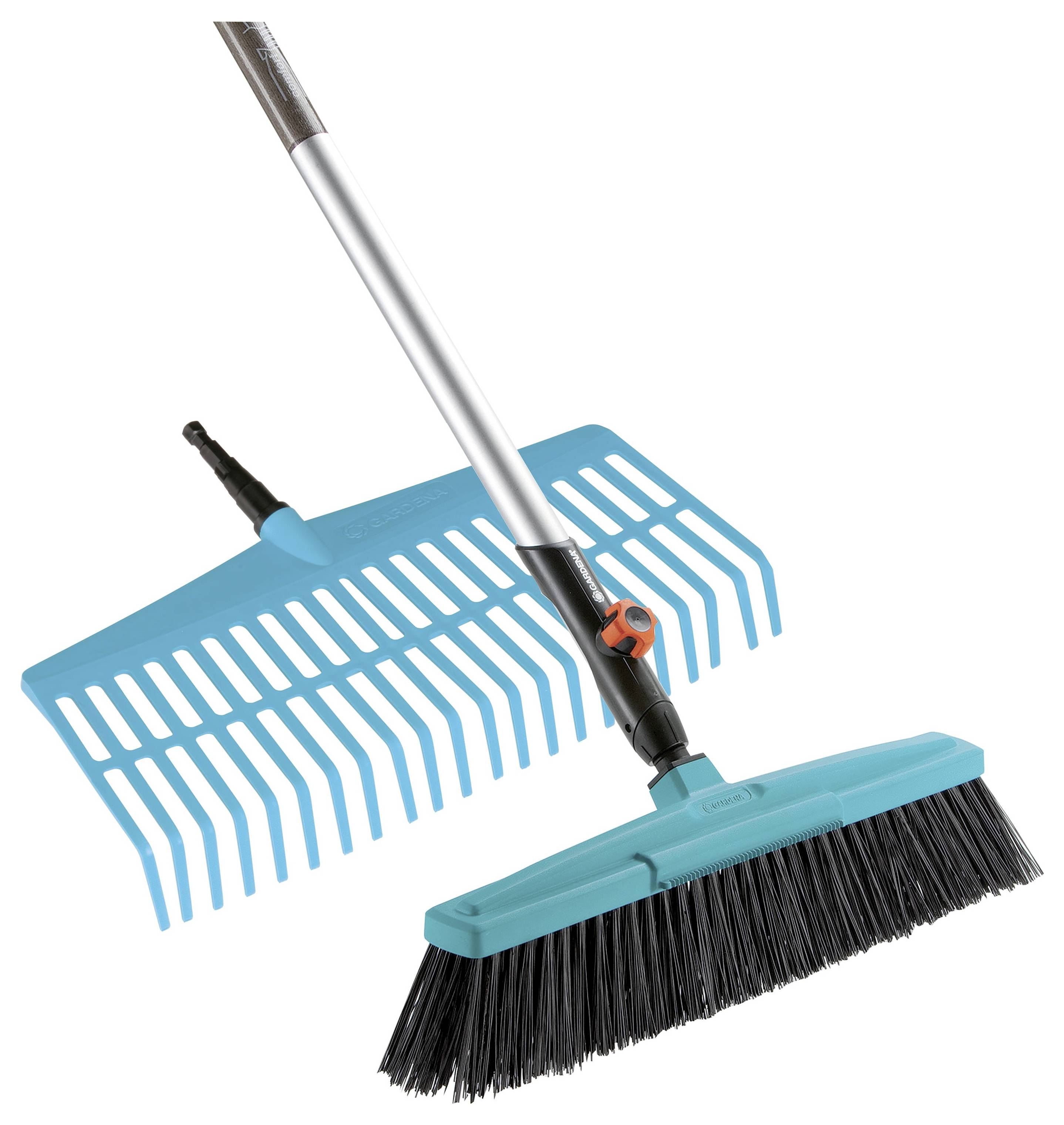 Kombigerät mit austauschbarem Rechen und Besen, beide türkis, für Gartenarbeiten.