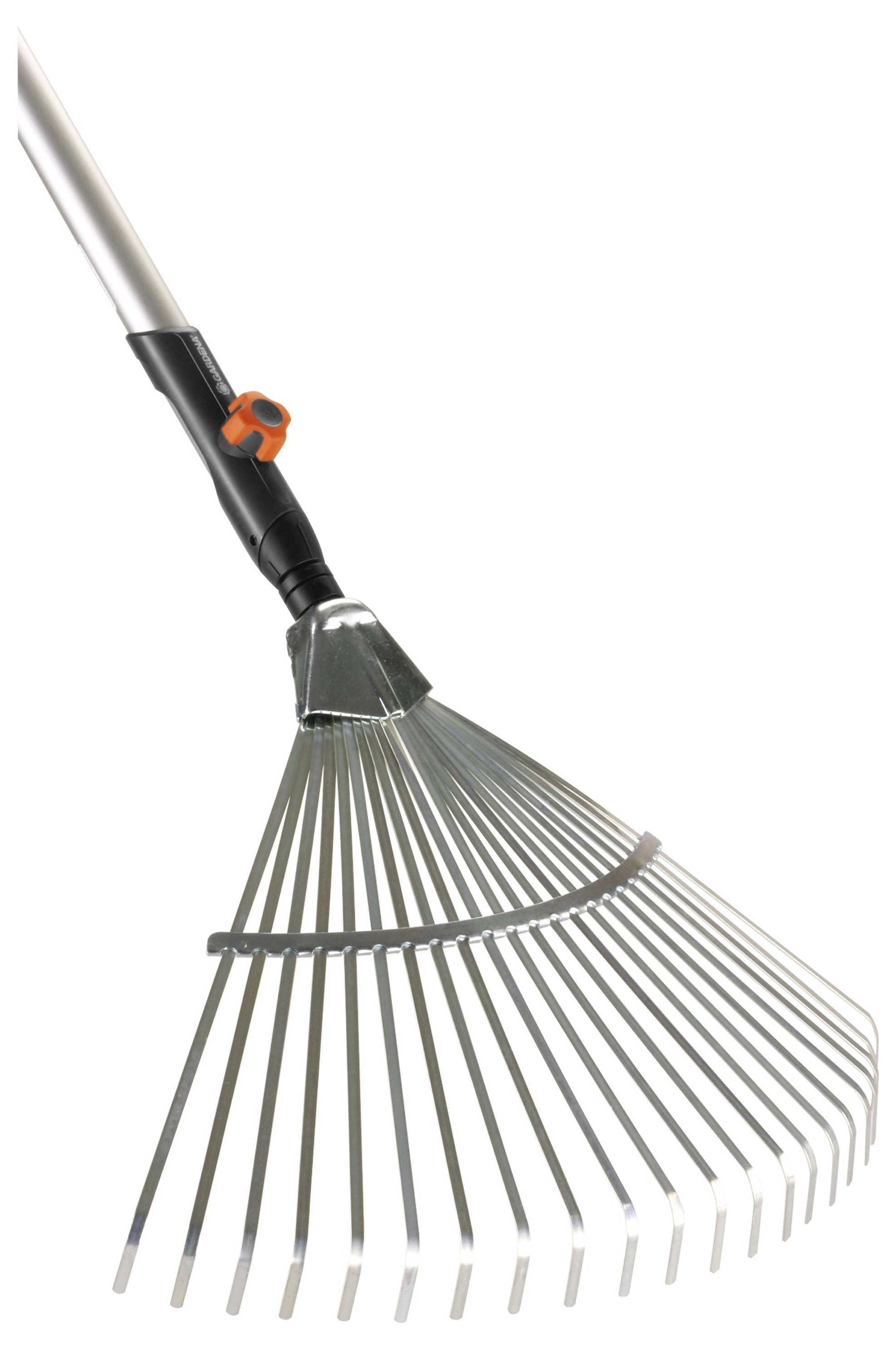 Rechenkopf eines variablen Laubrechens aus Metall mit verstellbarer Breite, ideal zum Sammeln von Blättern im Garten.