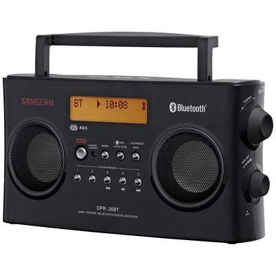 Schwarzes tragbares Radio mit Bluetooth-Funktion und orangefarbenem Display; zeigt 'BT' und '10:08' an. Zwei Lautsprecher, Drehknöpfe.