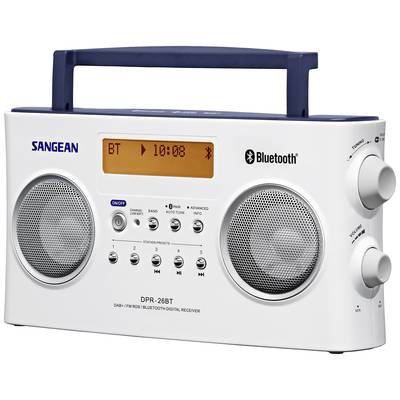 Weißes tragbares Radio mit blauen Akzenten und Bluetooth. Zeigt '10:08' im Display an. Marke 'Sangean'. Enthält Lautsprecher und Bedienelemente.