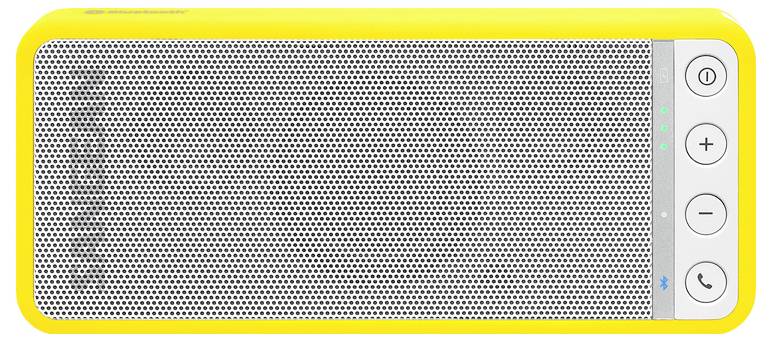 Gelber tragbarer Bluetooth-Lautsprecher mit perforiertem Frontgitter und seitlichen Tasten für Lautstärke, Stromzufuhr und Anrufe.