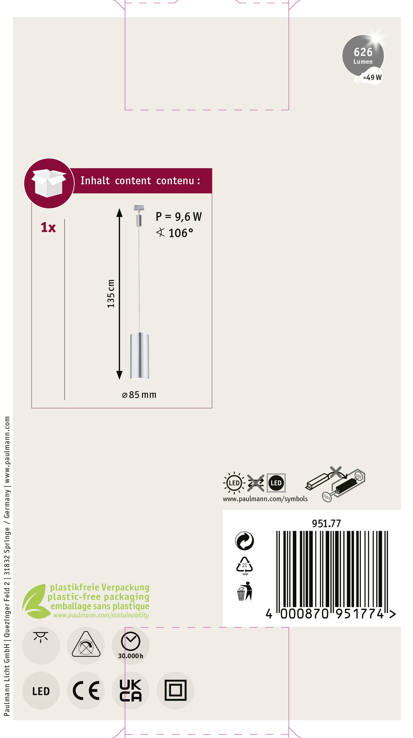 Verpackungsrückseite mit Energiesparlampeninhalten. Zeigt 1 Lampe, Leistung 9,6 W, Lichtstärke 106°. Maße: Höhe 315 mm, Durchmesser 85 mm.