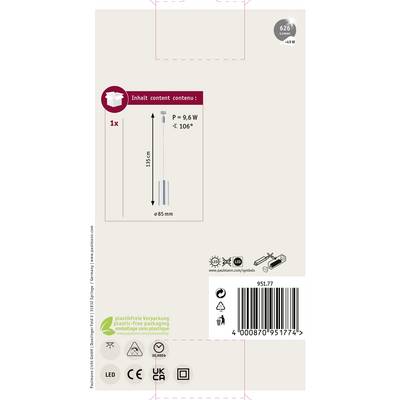 Verpackungsrückseite mit Energiesparlampeninhalten. Zeigt 1 Lampe, Leistung 9,6 W, Lichtstärke 106°. Maße: Höhe 315 mm, Durchmesser 85 mm.