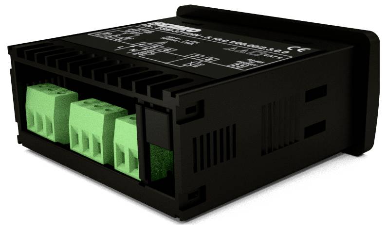 Schwarze elektronische Komponente mit grünen Anschlüssen, beschrifteten Anschlussklemmen und technischen Spezifikationen auf der Oberseite.