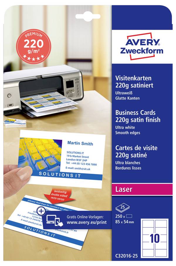 Avery-Zweckform C32016-25 Bedruckbare Visitenkarten, glatte Kanten 85 x 54 mm Weiß 250 St. Papierformat: DIN A4