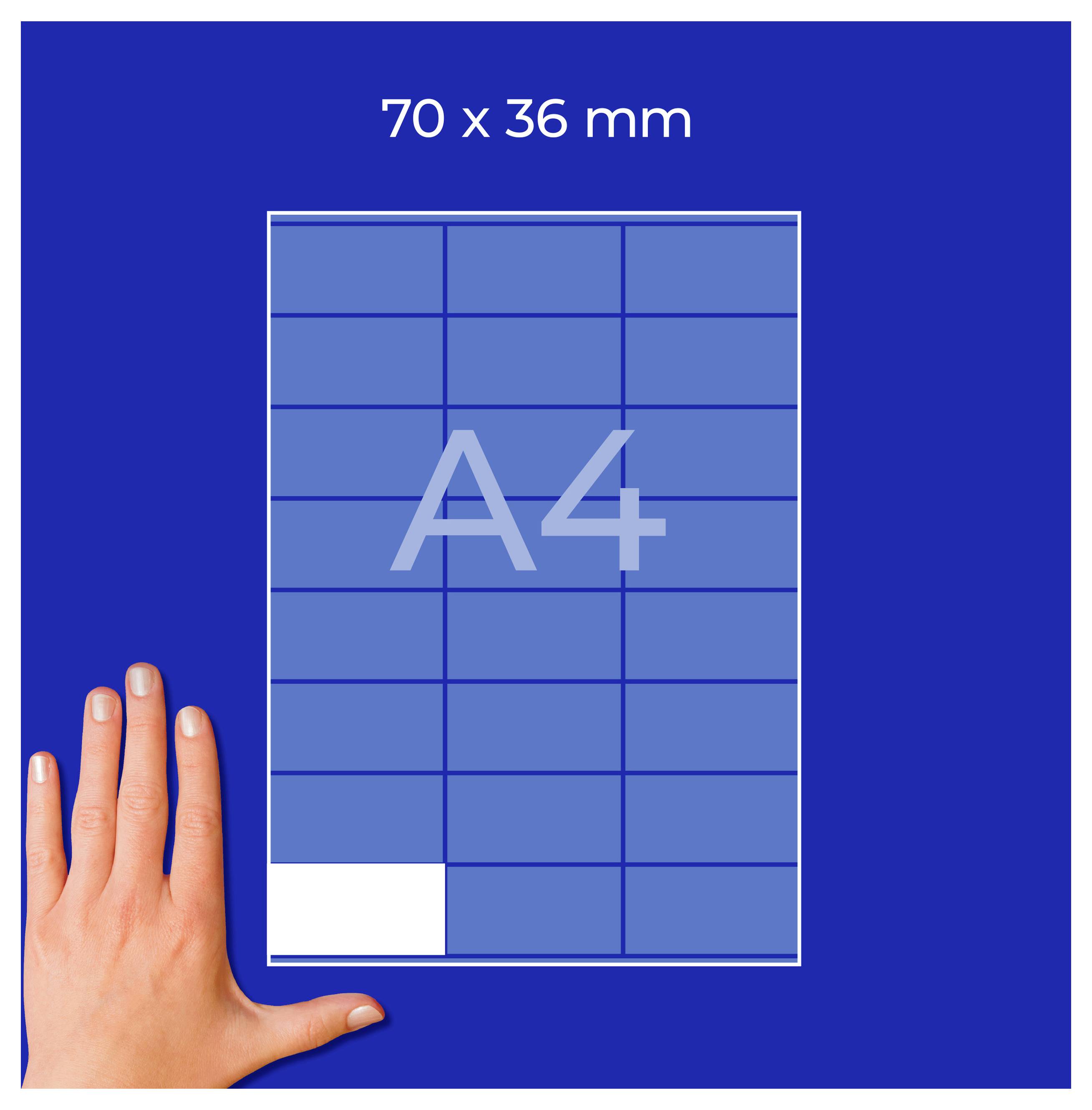 A4-Seite mit Raster und Maßangabe '70 x 36 mm'; links eine Hand als Größenvergleich.<br>