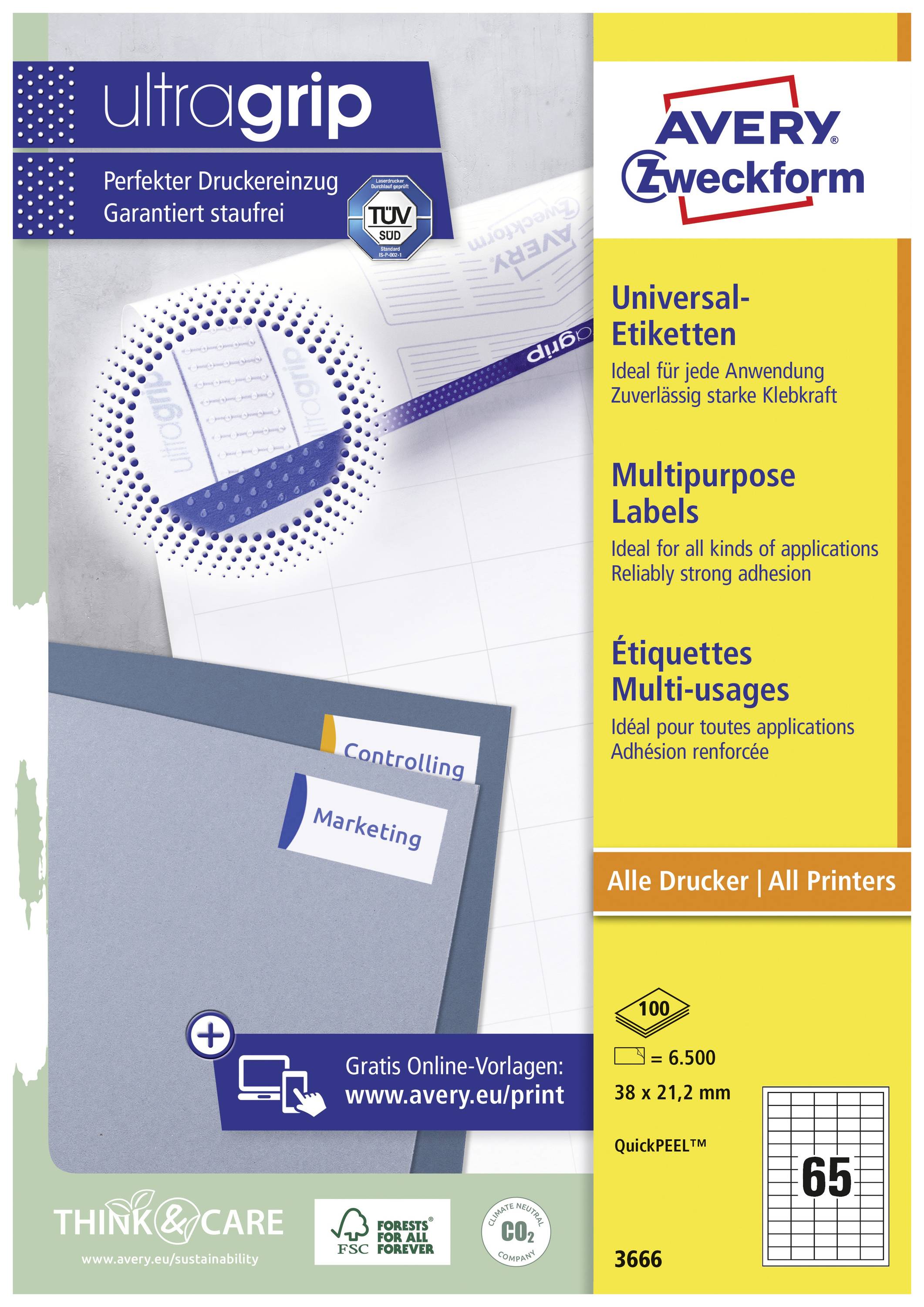 'Packung Universal-Etiketten von Avery Zweckform, 65 Etiketten pro Blatt, ideal für alle Anwendungen. Für alle Drucker geeignet.'