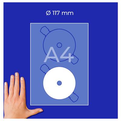 A4-Blatt mit zentrierter Kreisvorlage Ø 117 mm; unten links dient eine Hand als Größenvergleich.<br>